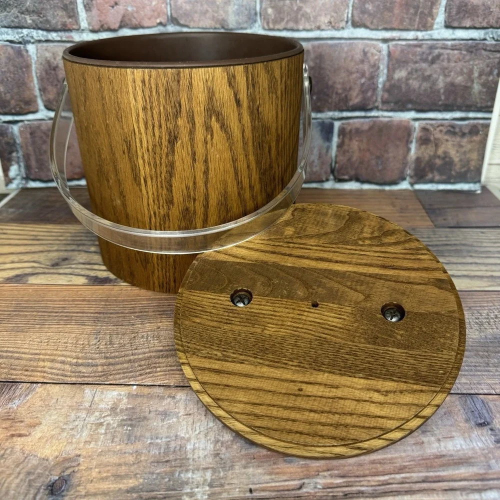 Vintage Cornwall Wood Ice Bucket w Inside Liner MCM Retro Lid Clear Handle USA